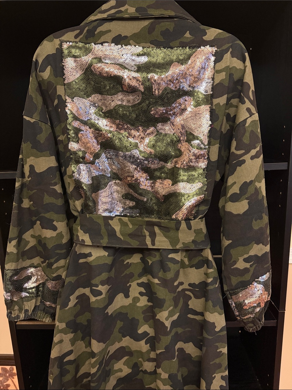Camo Sequin Patch Trench Coat - Green/Brown/Black (Fits like a L/XL)